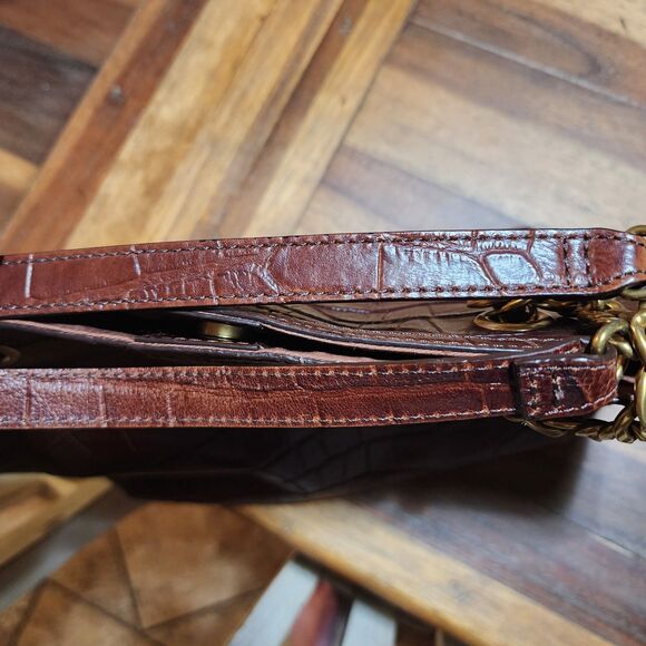 FOSSIL MIMI SHOPPER DARK BROWN CROCODILE LEATHER TOTE,GOLD CHAIN SHOULDER BAG - Picture 14 of 16